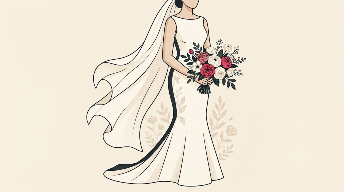 Una sposa in abito a sirena tiene un bouquet floreale raffinato.
