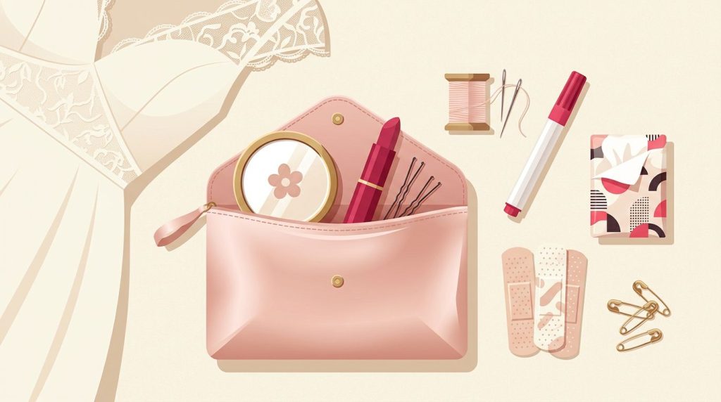 Una pochette rosa aperta e accessori per il matrimonio disposti su sfondo avorio.