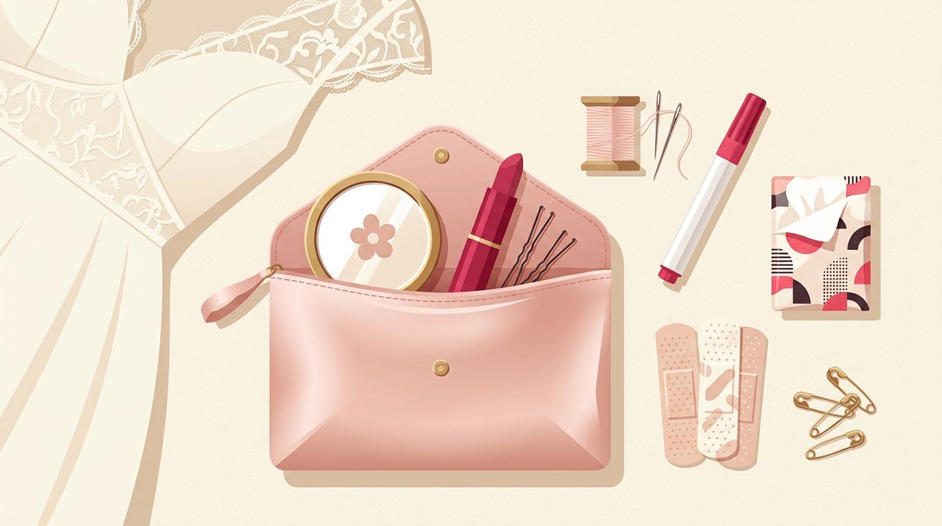 Una pochette rosa aperta e accessori per il matrimonio disposti su sfondo avorio.