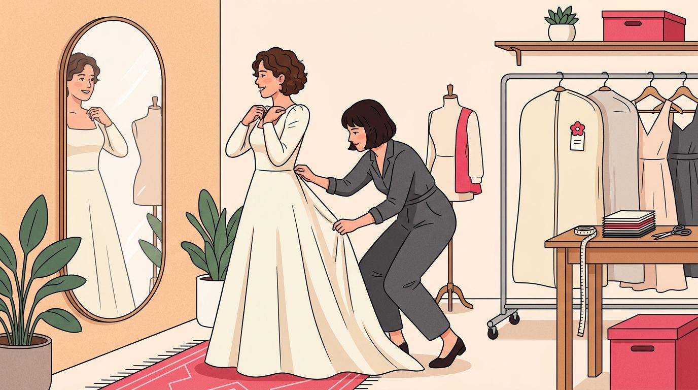 Una sposa prova un abito bianco in atelier con l'aiuto di una stylist.