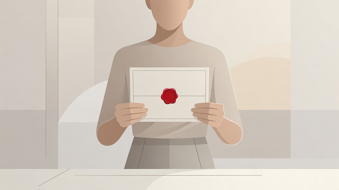 Una mano elegante regge un cartoncino nuziale dal design minimalista. La composizione presenta forme geometriche pulite e tonalità neutre, impreziosite da un vivace dettaglio grafico di colore rosso intenso che cattura lo sguardo.