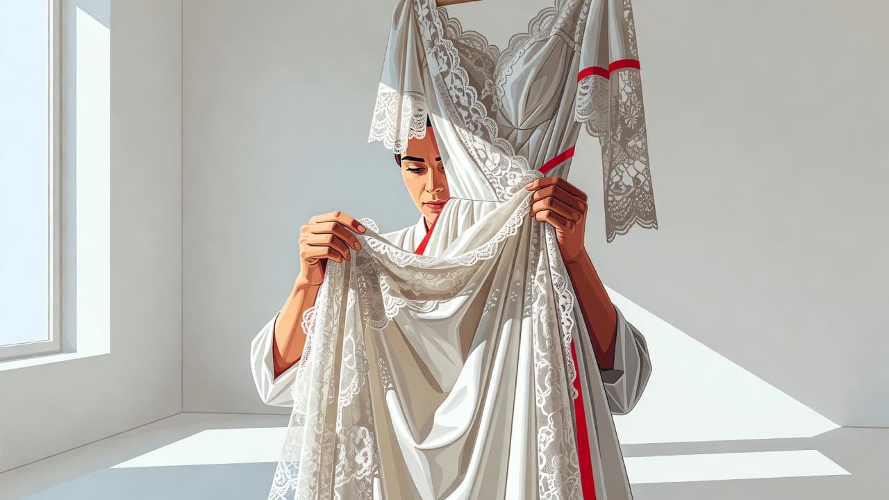 Una persona esamina i dettagli in pizzo di un abito da sposa vintage appeso in una stanza luminosa.
