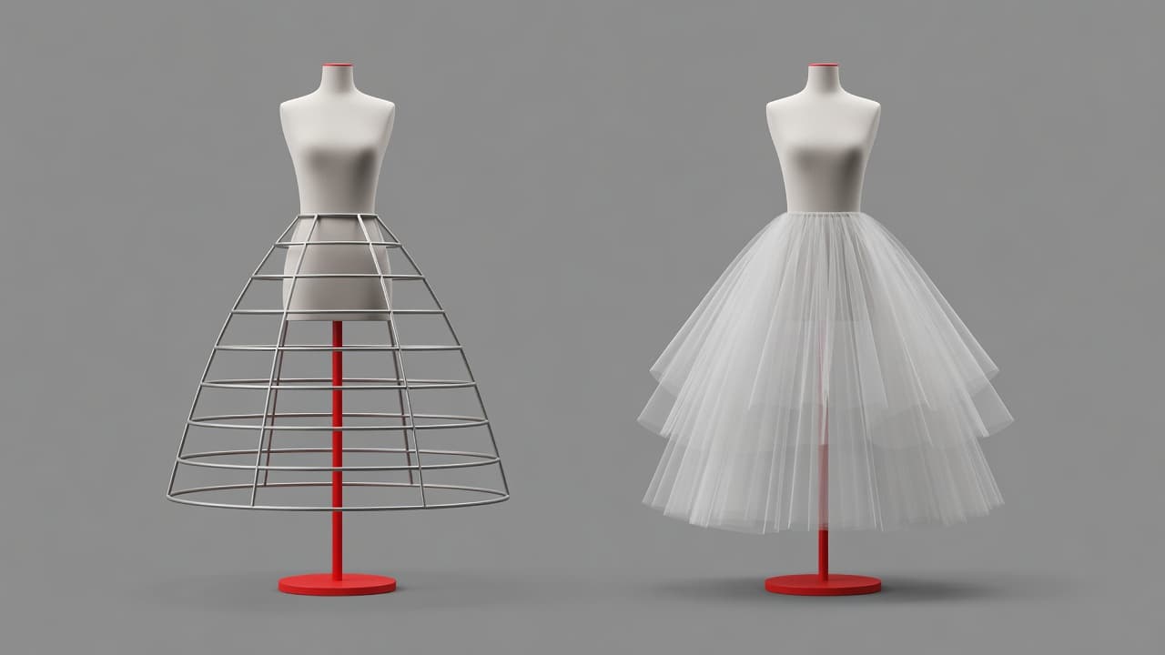 Due manichini presentano una sottogonna con cerchi e una in tulle su basi rosse.