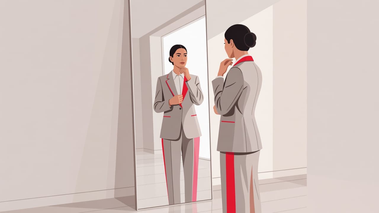 Una persona elegante si osserva allo specchio per scegliere il proprio abbigliamento in una stanza luminosa.