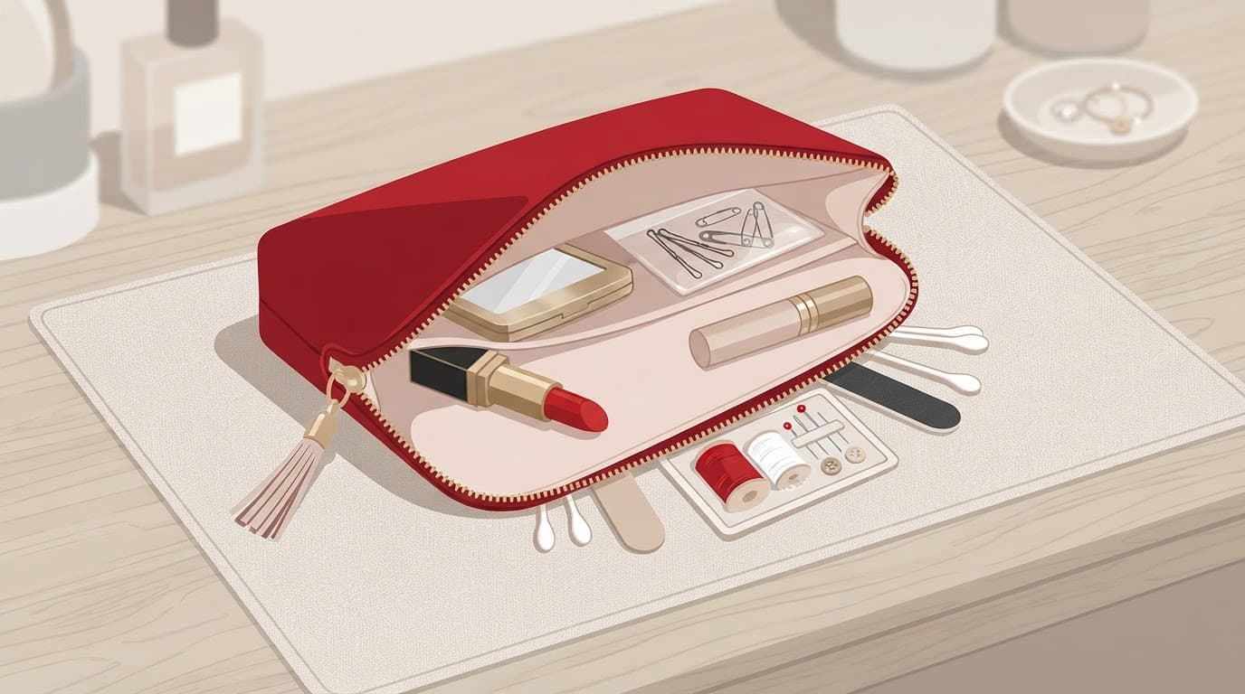 Pochette rossa aperta con accessori di bellezza e trucco su un tavolo.