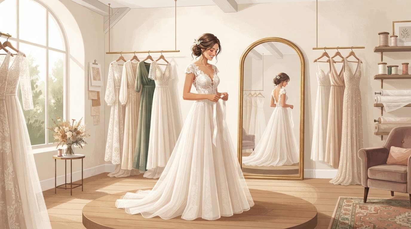 Una sposa prova un abito elegante in un atelier luminoso.