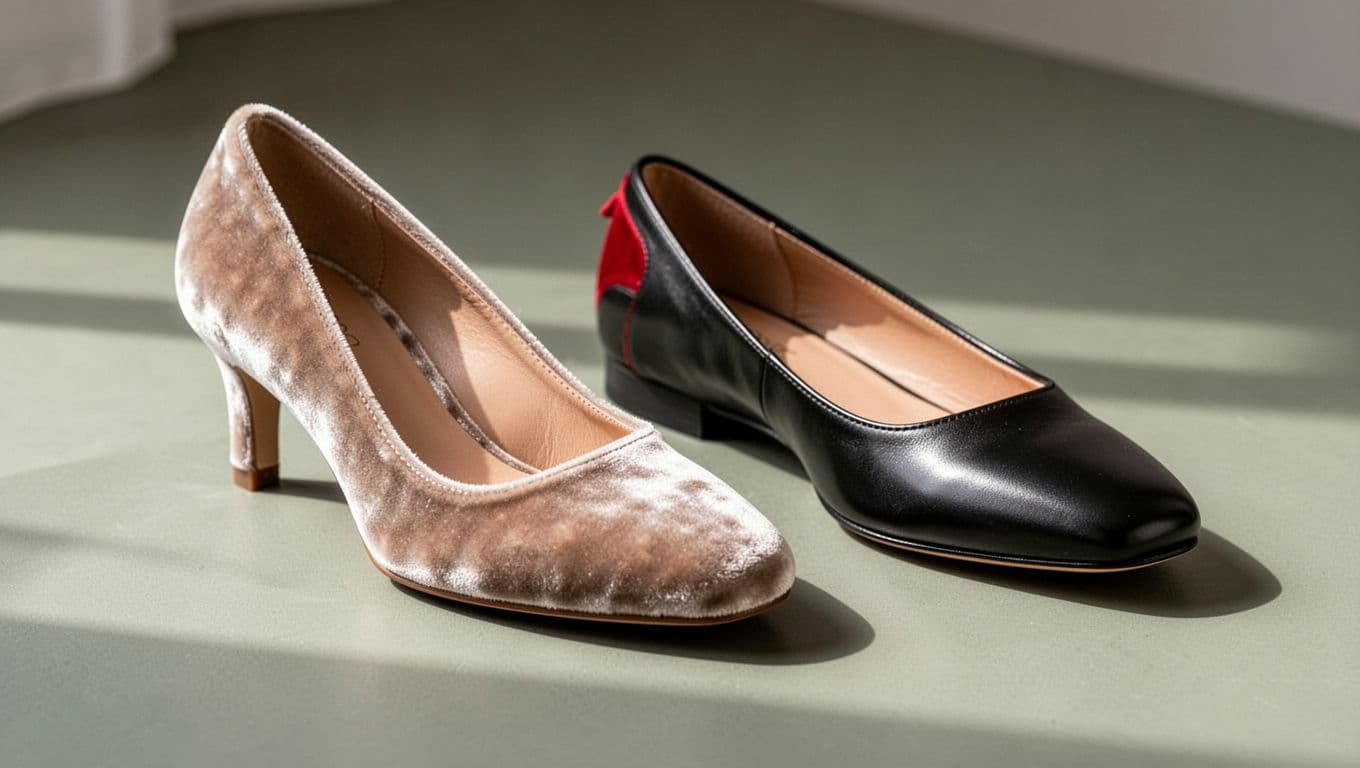 Un paio di decolleté in velluto dai toni neutri è accostato a eleganti ballerine in pelle. Il design moderno presenta forme pulite e dettagli rossi che risaltano sotto una luce soffusa.