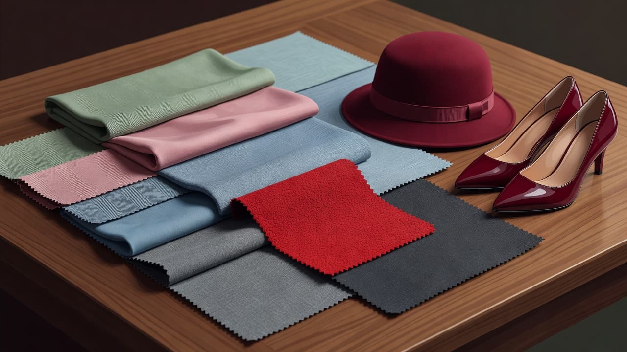 Diversi campioni di tessuto colorato sono disposti su un tavolo di legno accanto a un cappello elegante e un paio di scarpe. Un vivido dettaglio rosso risalta tra le trame pregiate.