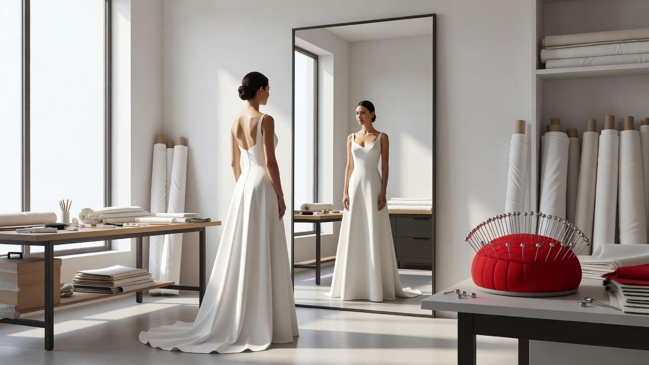 Una sposa prova il suo abito bianco davanti allo specchio in una sartoria professionale.