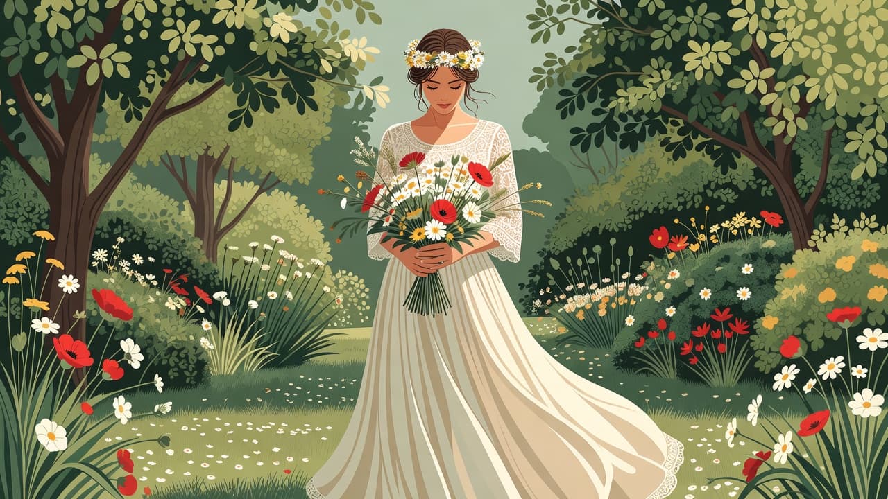 Una sposa boho con abito in pizzo e corona di fiori tiene in mano un bouquet rosso in giardino.