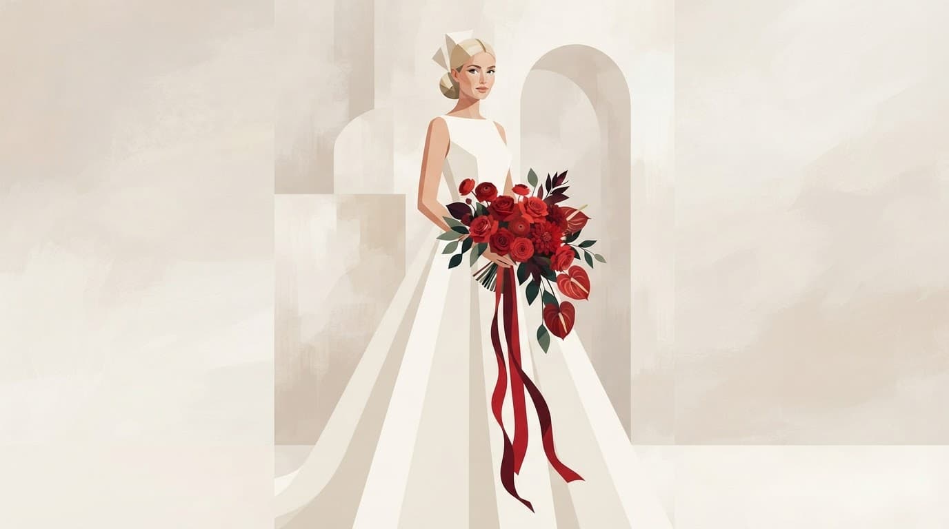 Una sposa elegante tiene un bouquet rosso su sfondo neutro.