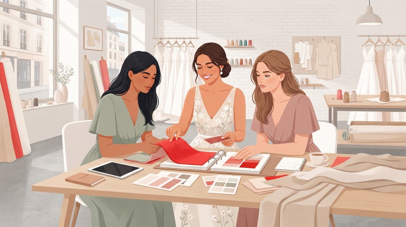 Una sposa e due damigelle scelgono campioni di tessuto in un atelier luminoso.