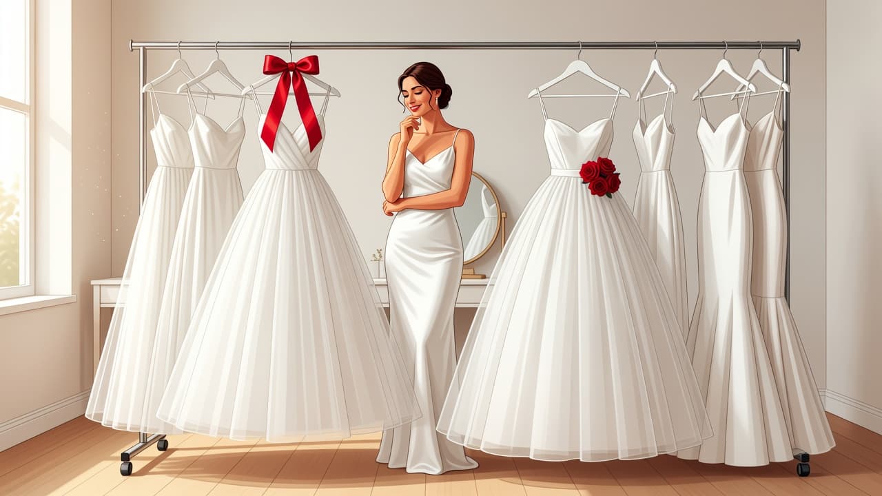 Una sposa nel camerino valuta diverse sottogonne appese con un nastro rosso come dettaglio.