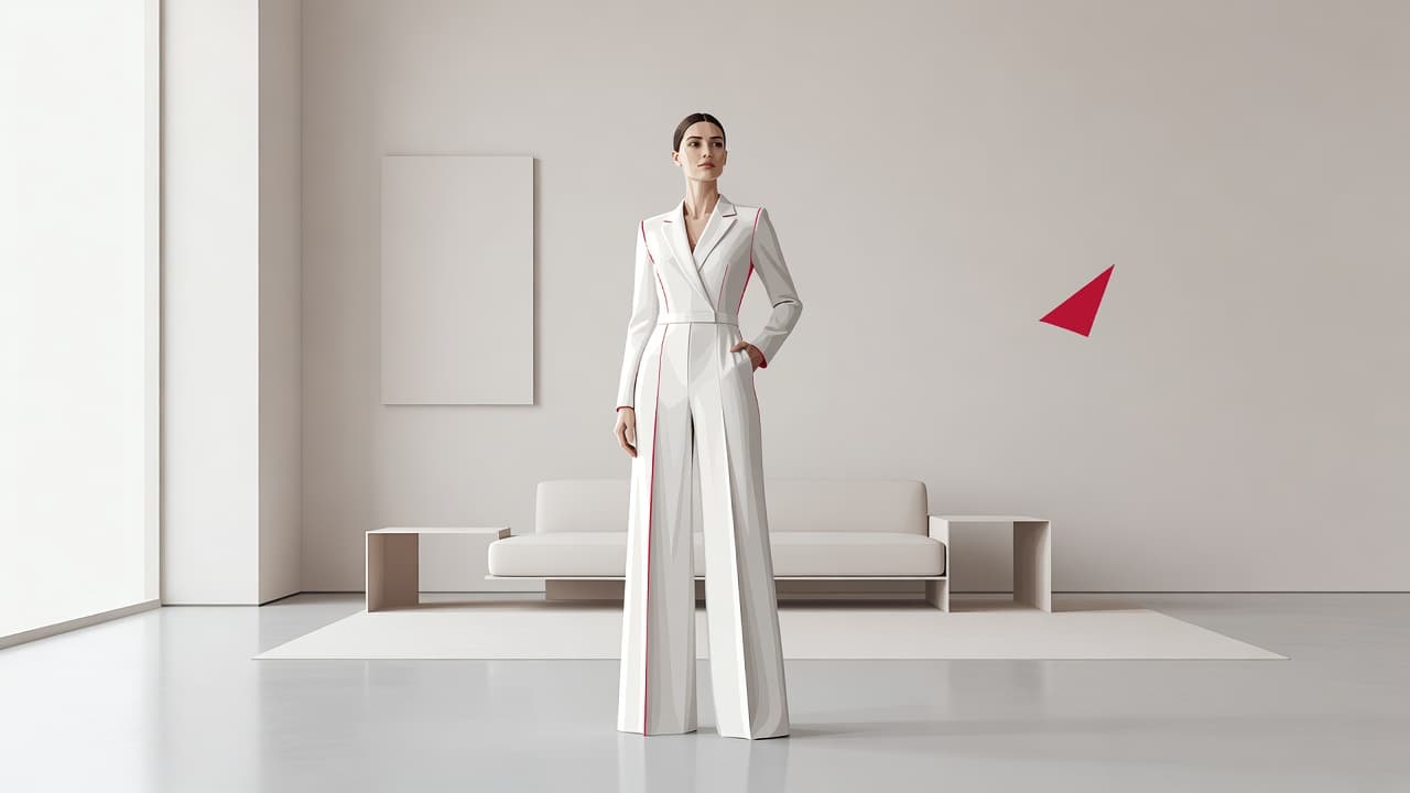 Una sposa indossa una moderna tuta bianca minimalista all'interno di una luminosa sala dal design pulito. Sulle pareti neutre spiccano raffinati dettagli geometrici dai toni rosso acceso che catturano immediatamente lo sguardo.