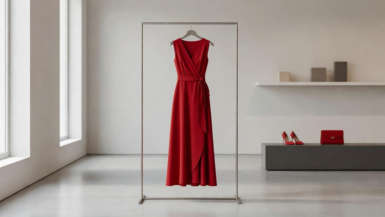 Un abito rosso elegante appeso su un appendiabiti minimalista in una boutique luminosa.