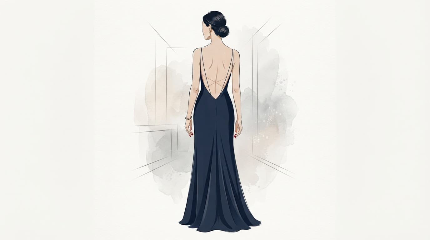 Figura femminile con abito rosso dalla schiena scoperta e linee di sostegno discrete.