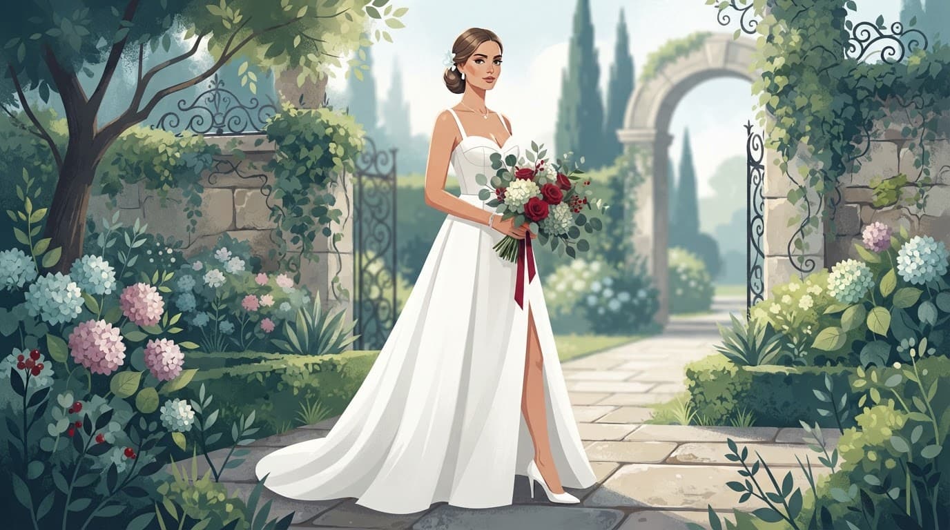 Sposa elegante in giardino con abito bianco e sottile spacco sulla gamba.