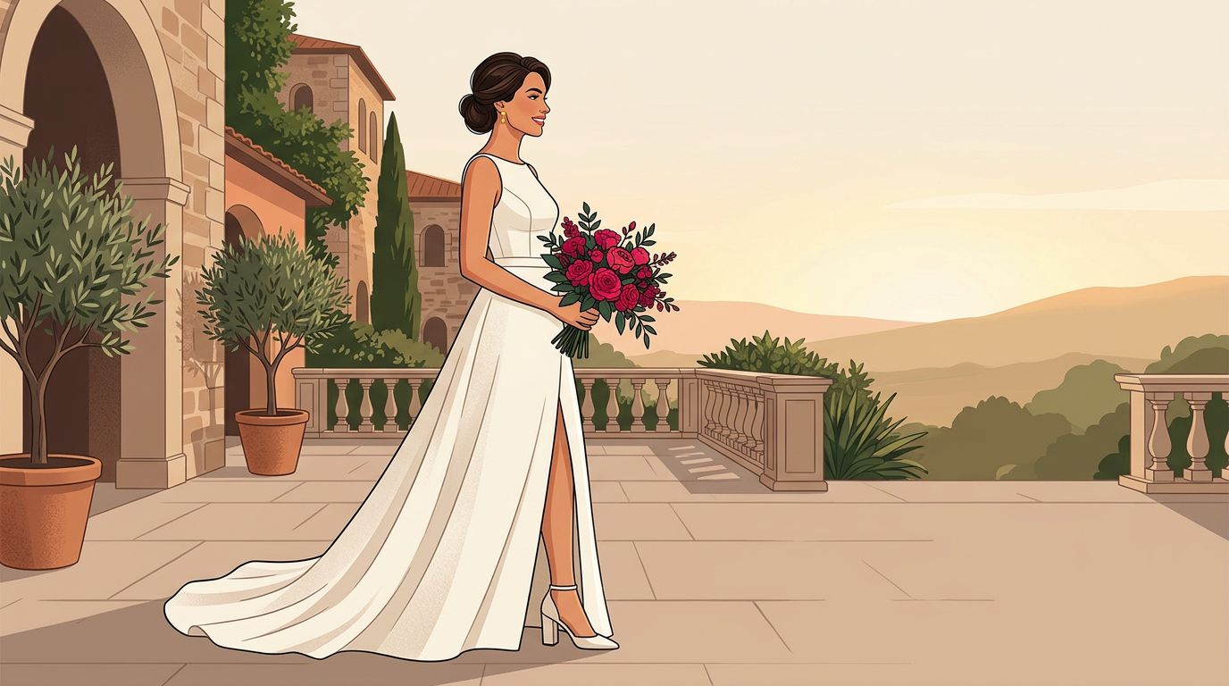 Sposa in abito avorio con spacco laterale su una terrazza al tramonto.