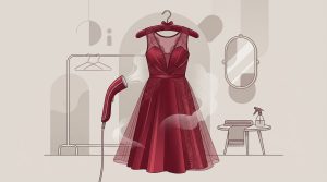Abito elegante appeso mentre viene stirato delicatamente con il vapore.