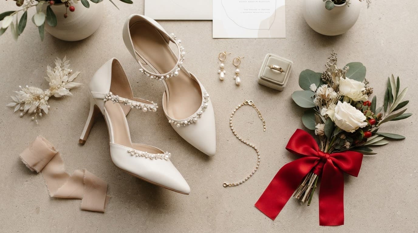 Scarpe da sposa e accessori delicati su una superficie neutra con un dettaglio rosso.